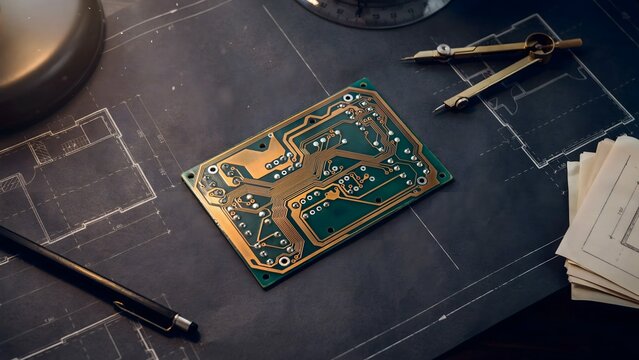 Electronic Circuit Board on Technical Workbench with Drafting Tools and Paperwork