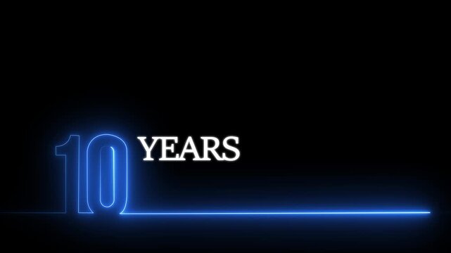 10 years anniversary neon glowing text animation on black background