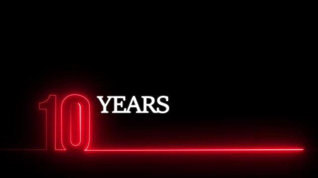 10 years anniversary neon glowing text animation on black background