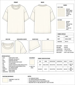 Oversized relaxed fit short sleeve t-shirt technical flat sketch tech pack.
Men's drop shoulder tee apparel design template with fabric specifications.
Crew neck t-shirt tech pack vector mockup.