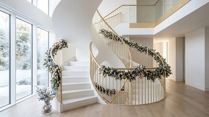 Obraz premium Grand white spiral staircase with gold accents and christmas greenery garland overlooking snowy winter garden.