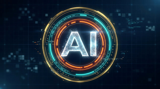 Glowing a i letters inside futuristic circular h u d interface with digital background artificial