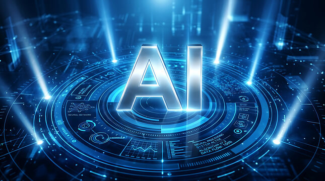 Glowing a i letters on futuristic blue digital interface with light beams artificial intelligence