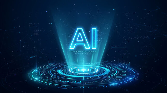 Glowing a i letters projected from futuristic blue digital interface on dark background artificial future