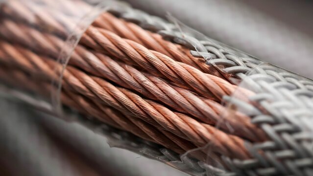 Close-up of Electrical Cables with Copper and Silver Wire Insulation and Wrapping