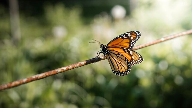 Beautiful Monarch Butterfly Perching on a Thin Tree Branch in Nature Scene