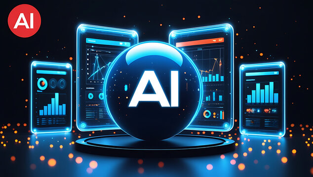 Glowing a i sphere and digital screens displaying charts and graphs artificial intelligence