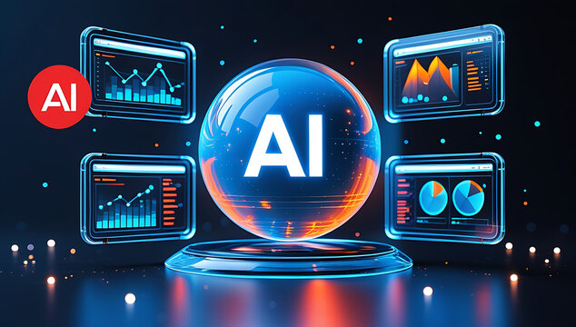 Glowing a i sphere with data charts on dark background artificial intelligence globe