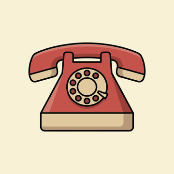Red vintage rotary dial telephone on beige background.