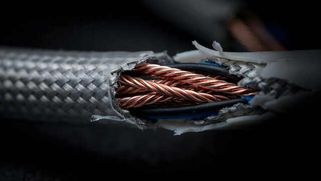 Close-up of damaged electrical cable with exposed copper wiring and frayed outer insulation