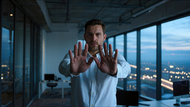 Businessman showing stop gesture in dark office for access denial, rejection notice, fraud prevention, security warning and risk control.
