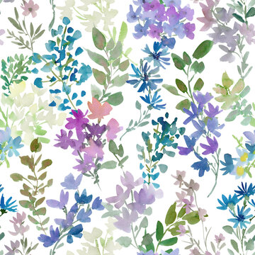 Watercolor floral seamless pattern with abstract hand-painted blue and purple wildflowers for fabric, wallpaper, and gift wrapping
