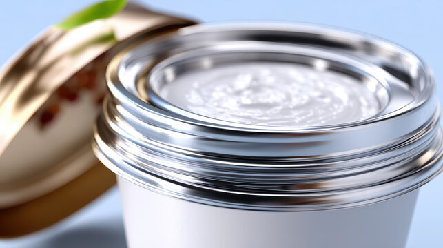 Shiny metal rim and lid closeup of snack container mockup showcasing reflective aluminum finish for food packaging presentation, label design review and product photography workflow