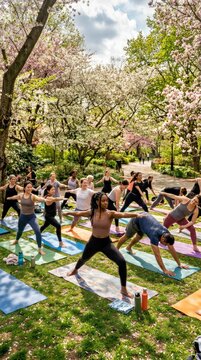 Group Yoga Class in a Spring Park With Cherry Blossoms