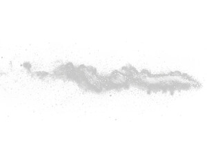 Fototapeta premium Wispy plume of white, granular substance against a stark black backdrop. Abstract spray-like effect. Motion is implied