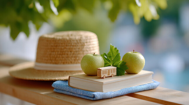 Rustic summer vignette with straw hat green apples toy bus and book on wooden bench for relaxed holiday reading and outdoor picnic setup
