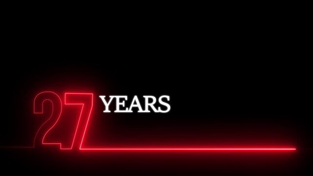 27 years anniversary neon sign animation, glowing red number typography for celebration and birthday event background