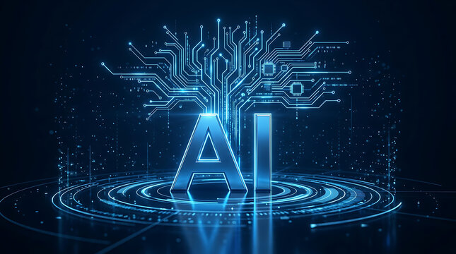 Glowing blue a i letters with circuit board tree and digital energy artificial intelligence technology