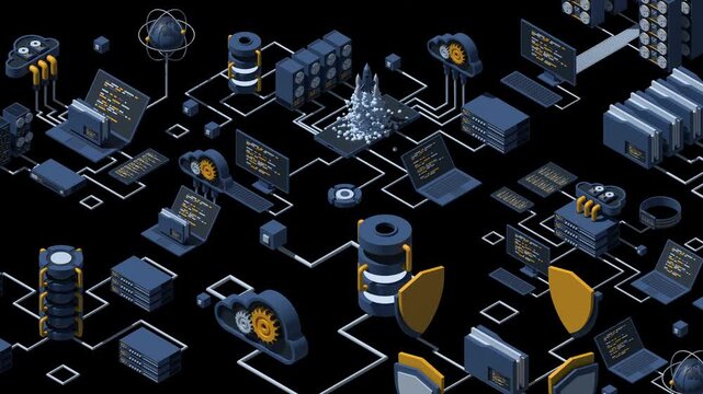 3D isometric data network management animation. Cloud storage data and synchronization of devices. Networking, database, cloud storage. Isometric technology. Transparent background with alpha channel