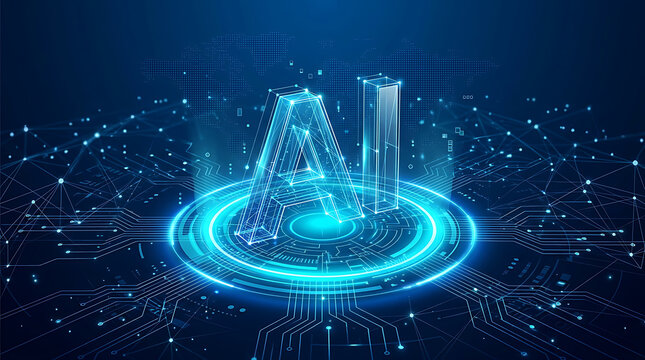 Glowing blue a i letters on digital circuit board with network connections artificial intelligence