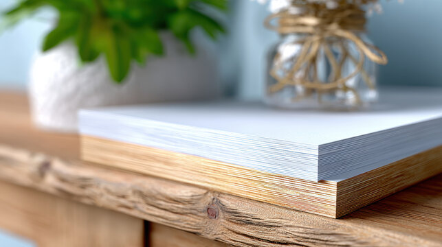 Minimal stack of double sided flyer sheets on a wooden table with blurred plant decor for print layout presentation, sample printing, brochure proofing and client mockup review
