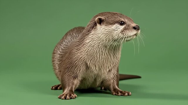 A detailed close up portrait of an adorable brown otter on a green background