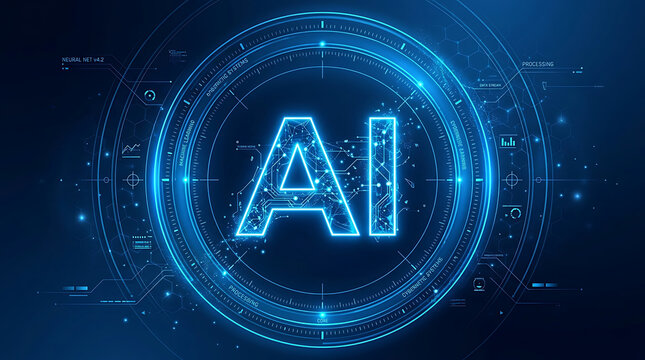 Glowing blue a i letters within digital circuit network interface artificial intelligence technology