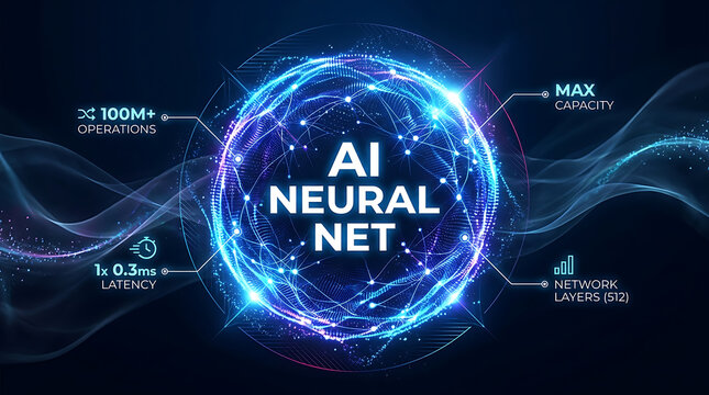Glowing blue a i neural network orb with data streams and text artificial intelligence