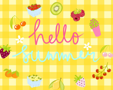 Yellow Gingham illustration textured with Hello Summer lettering over fruit and flower for high quality wallpaper background. hand drawn for printable or wrapping