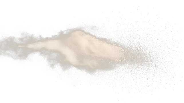 A turbulent flow of tan-colored particulate matter erupts, evolving into a cloud against a dark backdrop