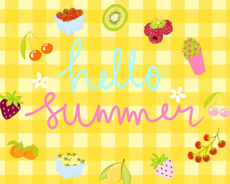 Yellow Gingham illustration textured with Hello Summer lettering over fruit and flower for high quality wallpaper background. hand drawn for printable or wrapping