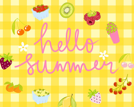 Yellow Gingham illustration textured with Hello Summer lettering over fruit and flower for high quality wallpaper background. hand drawn for printable or wrapping