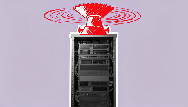 Professional server cabinet with hand drawn red alarm siren