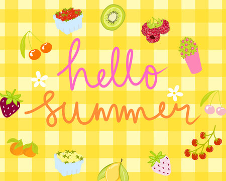 Yellow Gingham illustration textured with Hello Summer lettering over fruit and flower for high quality wallpaper background. hand drawn for printable or wrapping
