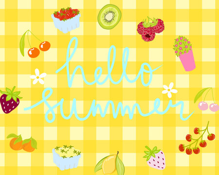 Yellow Gingham illustration textured with Hello Summer lettering over fruit and flower for high quality wallpaper background. hand drawn for printable or wrapping