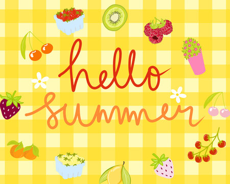 Yellow Gingham illustration textured with Hello Summer lettering over fruit and flower for high quality wallpaper background. hand drawn for printable or wrapping