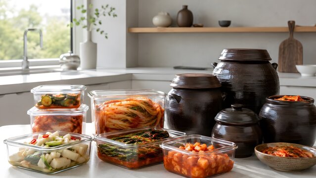 Traditional Korean kimchi in ceramic onggi jars and glass containers, fermented spicy cabbage and radish side dishes, authentic asian cuisine in modern kitchen