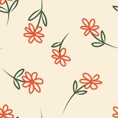 Obraz premium Hand-drawn coral flower and green leaf seamless pattern, textured ink bleed ditsy botanical repeating tile for stationery, wedding invites, and fabric