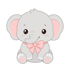 Naklejka premium Cute Kawaii Baby Elephant with Pink Bow Sitting Cartoon Character Isolated on Transparent Background