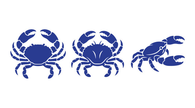 Set of three blue crab illustrations in different positions with animal life marine life crustacean creature underwater wildlife illustration collection silhouette