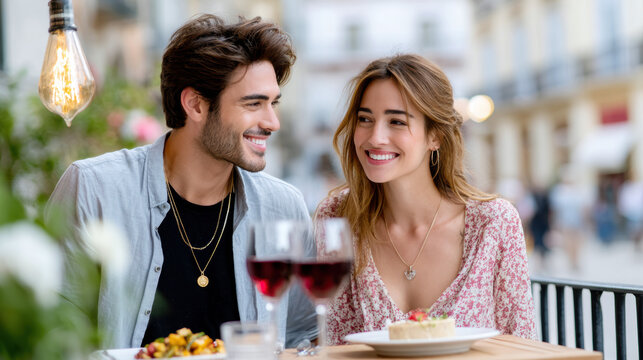 Smiling couple enjoying wine and dessert at outdoor cafe for romantic date background and lifestyle banner design