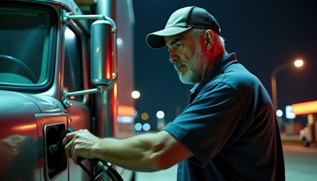 Nighttime truck driver refueling at gas station for long journey with copy space