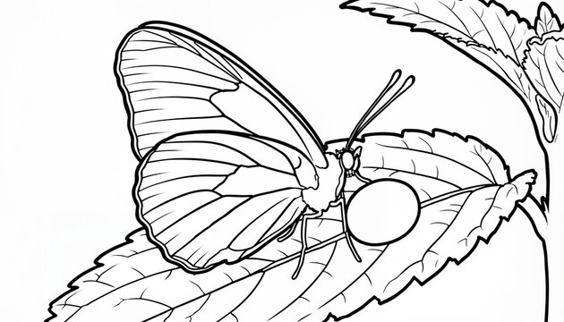 Butterfly perched on leaf with berry &mdash; coloring page in botanical illustration and spring harmony style