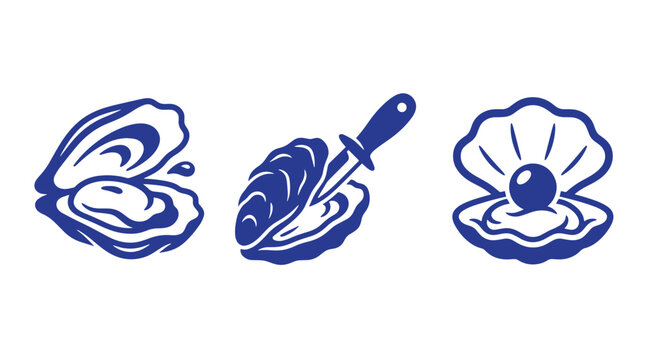 Three blue icon graphics showing a raw oyster an oyster being opened with a knife and a pearl inside an open shell shellfish shucking preparation delicacy minimalist