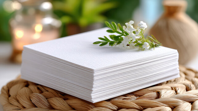 Stack of blank flyers on woven placemat for brochure and invitation printing, marketing collateral presentation, business stationery sample and event card design mockup