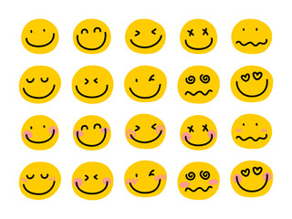 Naklejka premium Cute Smile Character Emoticons Vector Set, Yellow Smiling Face Expressions Emoji Collection Vector Illustration