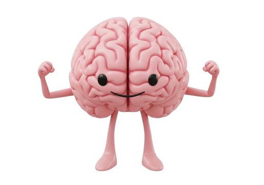 Cute pink brain character with arms and legs flexing muscles