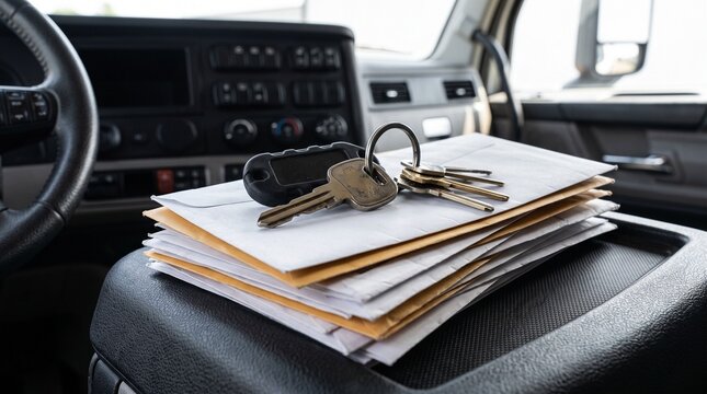 Truck keys and stack of mail envelopes on dashboard