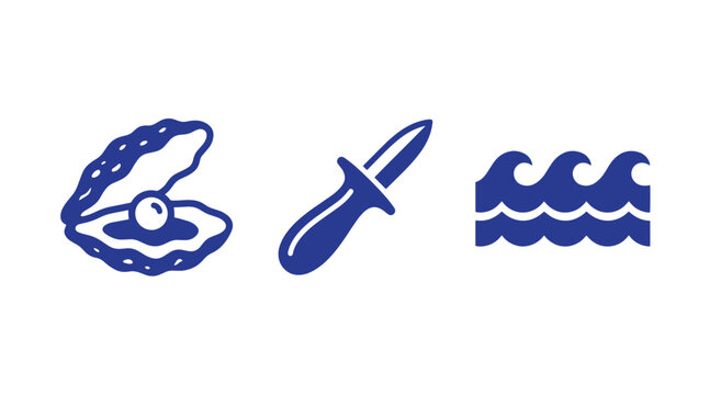 Blue icon collection featuring a pearl inside an oyster shucking knife and waves of the sea shellfish shucking delicacy minimalist pictogram isolated environment