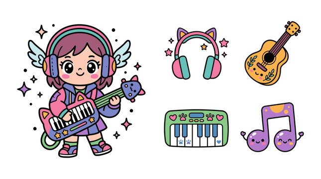Cute girl playing keytar with angel wings and headphones next to musical elements flat vector icon sticker illustration.
